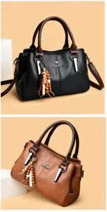 Vintage grote capaciteit dames schoudertas PU lederen casual handtas met chique kraalbedel