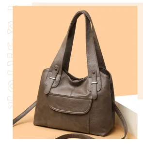 Stijlvolle bruine lederen schoudertas dames grote capaciteit shopper casual handtas