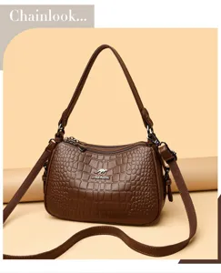 Vintage Krokotextur Damen Umhängetasche, elegante braune PU Leder Crossbody Tasche.