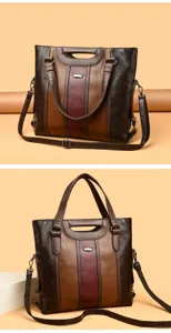 Detailed view of stylish women's tote shoulder bag with multi-color contrast design and strap.