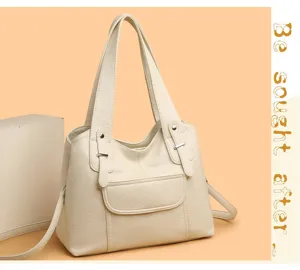 Elegante zachte leren schoudertas voor dames, grote shopper tas met handige voorzak.