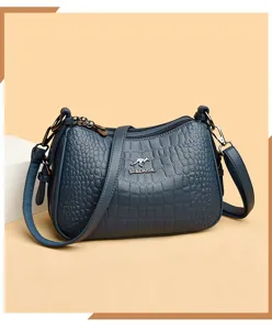 Blaues Kroko-Muster Damen Umhängetasche, Vintage PU Leder Handtasche mit Reißverschluss Details.