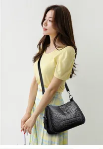 Damen Umhängetasche schwarze Kroko-Muster PU Leder Mode Handtasche Schultertasche