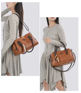 Vrouwen bruine PU leer schouder handtas vintage woon-werk tas met elegante kralen decoratie.