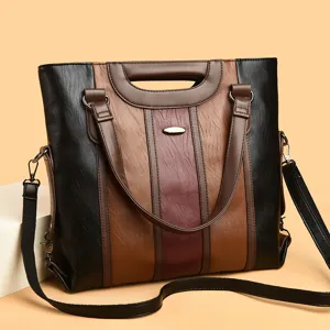 Women Fashion PU Leather Patchwork Top Handle Bag Large Capacity Business Commute Shoulder Crossbody Handbag With Letter Decor