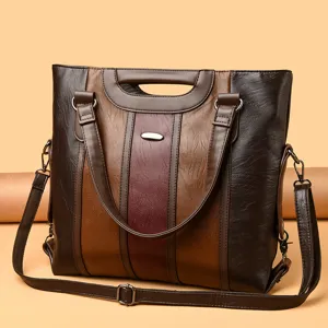Stylish women colorblock handbag PU leather tote shoulder bag with adjustable strap.