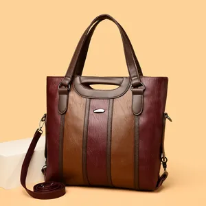 Women's stylish color-block tote bag PU leather casual shoulder crossbody bag for daily use