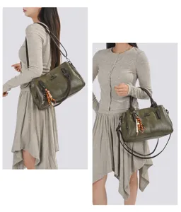 Dames vintage groene lederen schoudertas grote capaciteit casual handtas met kralenhangers