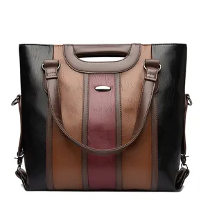 Stylish color block women handbag, PU leather top handle shoulder crossbody tote bag.