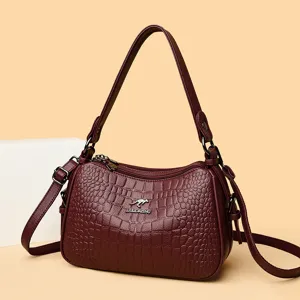 Einfache Damen Schultertasche mit Kroko-Muster, elegante weinrote Umhängetasche.