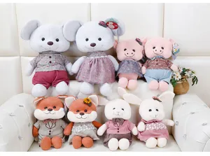 Cute animal plush toys set featuring mouse, pig, fox and rabbit couples in sweet outfits.