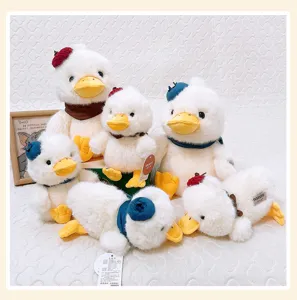 Cute white plush duck stuffed animal toy with cute berry hat and scarf, soft healing gift.