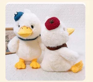 Cute plush duck toy with fruit hat and scarf, soft stuffed animal doll for kids gift