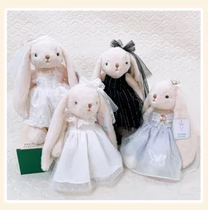 Cute lop-eared plush bunny toy set with wedding dress and princess skirts, soft doll gift.