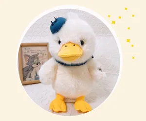 Cute white plush duck doll with blueberry hat detail, soft healing companion ornament display.