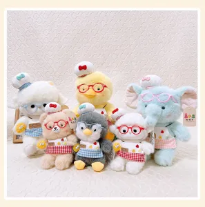 Cute chef animal plush toys set, soft stuffed sheep, duck, bear, and elephant dolls.