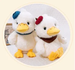 Cute white duck plush toy detail shot, soft stuffed animal with berry hat, healing companion gift.
