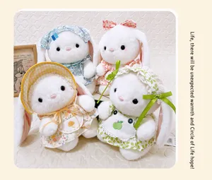 Adorable pastoral style plush rabbit toy set featuring floral dresses and cute hats, ideal gifts.