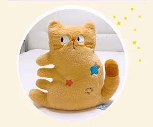 Close-up detail of the cute yellow cat plush pillow with multi-leg design and embroidered stars.