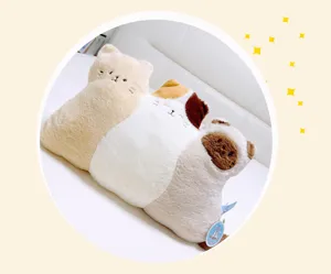 Cute three-connected cat plush pillow soft backrest cushion for bed and waist support.