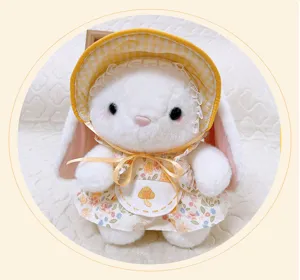Pastoral style long ear rabbit plush toy with yellow hat and floral dress cute sleeping doll
