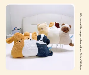 Cute animal plush pillow set detail, soft cat and dog toys for cozy bed and room decor.