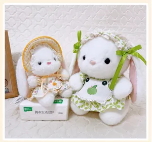 Cute pastoral style long-eared rabbit plush toys set, soft stuffed doll girl companion gift