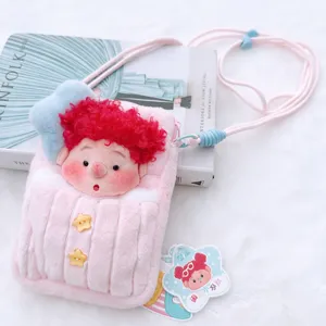 Bolso cruzado de peluche rosa linda muneca pelo rizado bolso de telefono con botones de estrella