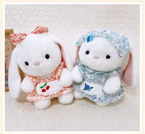 Cute pastoral style lop-eared rabbit plush toy featuring sweet floral dress and sweet cherry design.