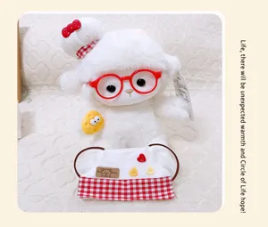 Cute chef lamb plush toy with red glasses and cute apron soft stuffed animal gift