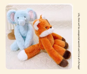 Detailed view of cute long arm plush elephant and fox toys, soft stuffed animal companion gift.