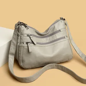 Grey multi-pocket soft leather shoulder bag casual crossbody handbag for women daily use