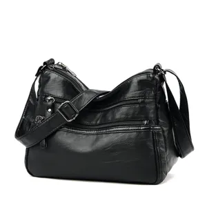 Soft leather multi-pocket women's shoulder crossbody bag casual large capacity handbag.