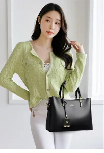 Schwarze große Damen Handtasche elegante Umhängetasche Mode Leder Shopper Tasche Detail