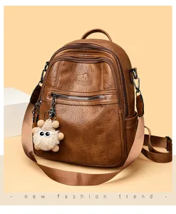 Vintage bruine PU lederen dames rugzak detail, veelzijdige casual tas met schattige hanger.