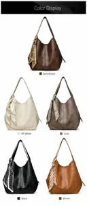 Gedetailleerd overzicht met 5 kleur opties voor casual zachte tote schoudertassen met sjaal.