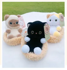 Cute plush cat toy in a mini basket, soft stuffed animal doll, perfect desktop gift for girls.