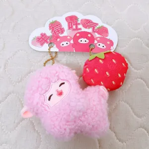 Pink plush sheep and strawberry magnetic couple keychain cute animal doll pendant toy for gift