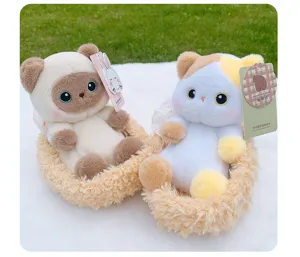 Cute plush cat toys in soft cradles, detailed view of fluffy plush material and tags.