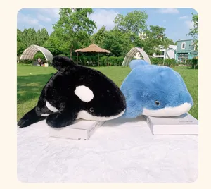 Cute marine animal plush toys set, black orca and blue whale soft pillows for kids gift.