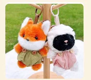 Cute plush fox and lamb keychain, soft stuffed animal bag charm with adorable overalls for girls gift.