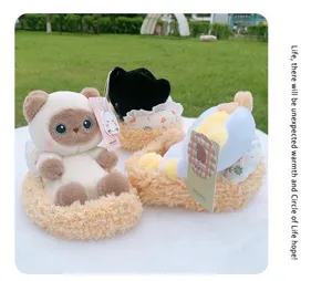 Cute cradle cat plush toy doll with fluffy basket, soft stuffed animal desktop ornament gift.