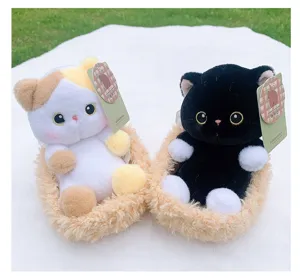 Cute plush cat toy in cradle basket fluffy stuffed animal kitty doll gift for girls table decor
