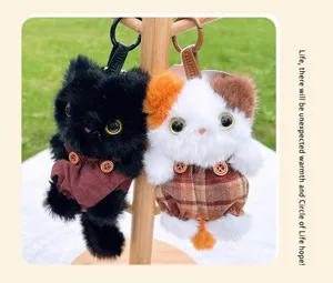 Cute plush cat keychain fluffy animal bag charm with stylish overalls for girls gift