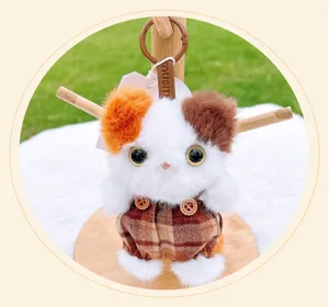 Cute plush cat fox keychain with plaid overalls, soft stuffed animal bag charm for gifts.