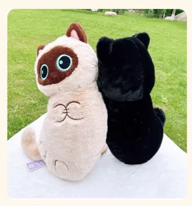 Cute Siamese and black cat plush pillow toys, soft stuffed animal dolls, cozy home decor.