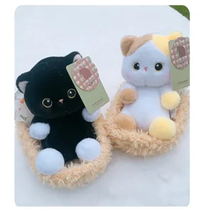 Cute cradle cat plush toy set, soft stuffed kitten doll desktop ornament for girls and kids gift.