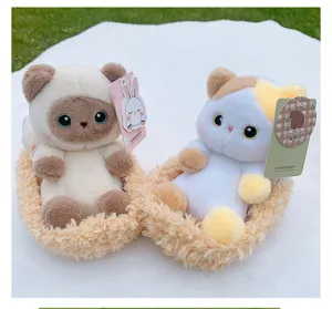 Plush cat doll in basket, cute desktop companion stuffed toy detail and soft toy aesthetic view.