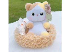 Cute calico cat plush toy in soft cradle fluffy doll desktop ornament gift for girls.