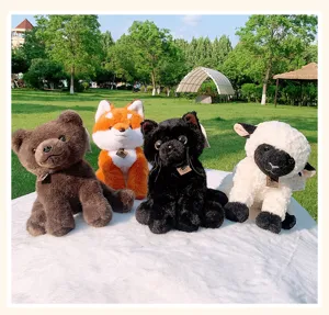 Cute plush animal toys set including brown bear, fox, black cat and sheep for kids.